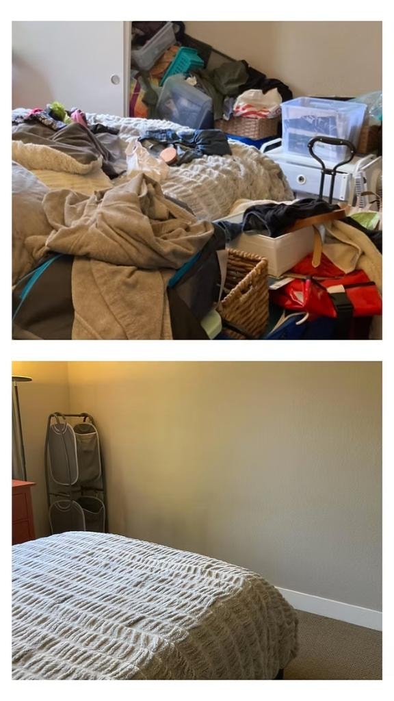 Bedroom before and after — cluttered bed cleared, calm result, Alamo CA