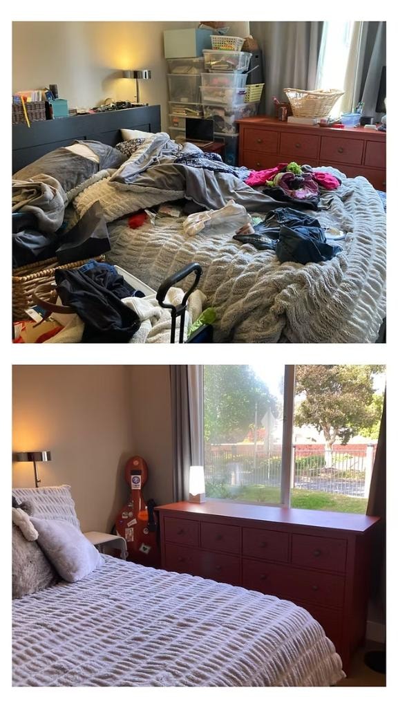 Bedroom before and after — red dresser, clutter-free after organizing, San Ramon CA