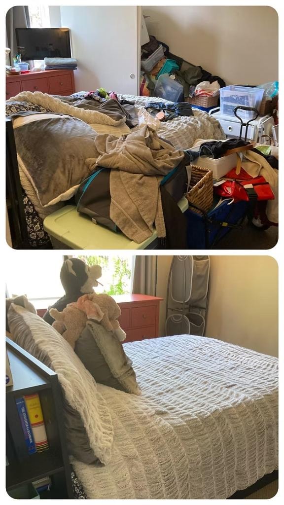 Bedroom before and after — stuffed animals, cozy organized result, Orinda CA