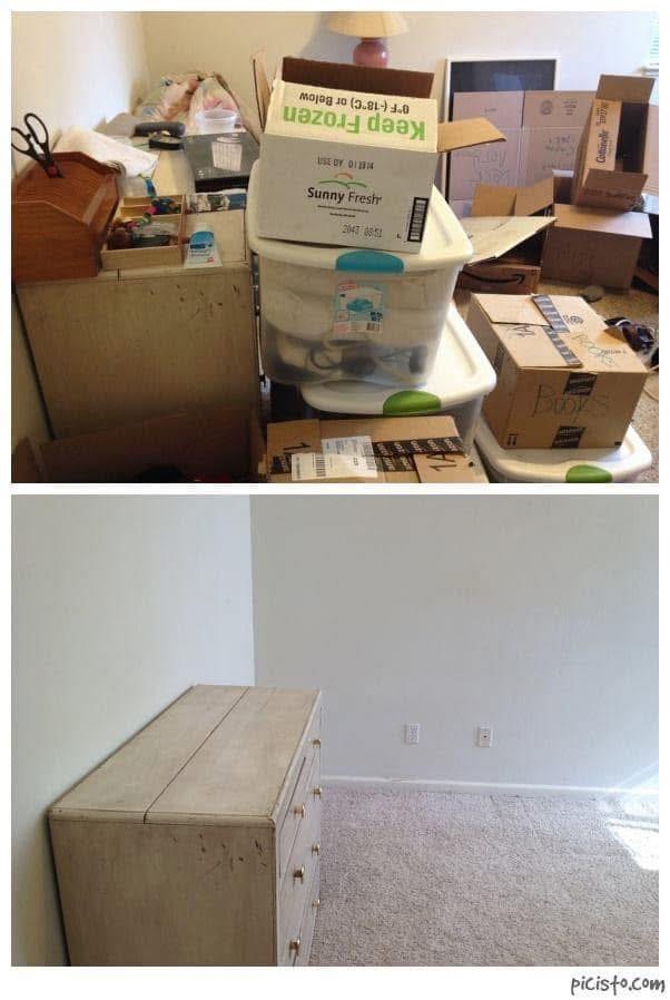 Room full of moving boxes before and after unpacking and organizing by Kiera Rain, professional organizer in Walnut Creek CA