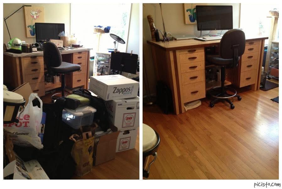Home office before and after organization and declutter by Kiera Rain, professional organizer serving Walnut Creek CA