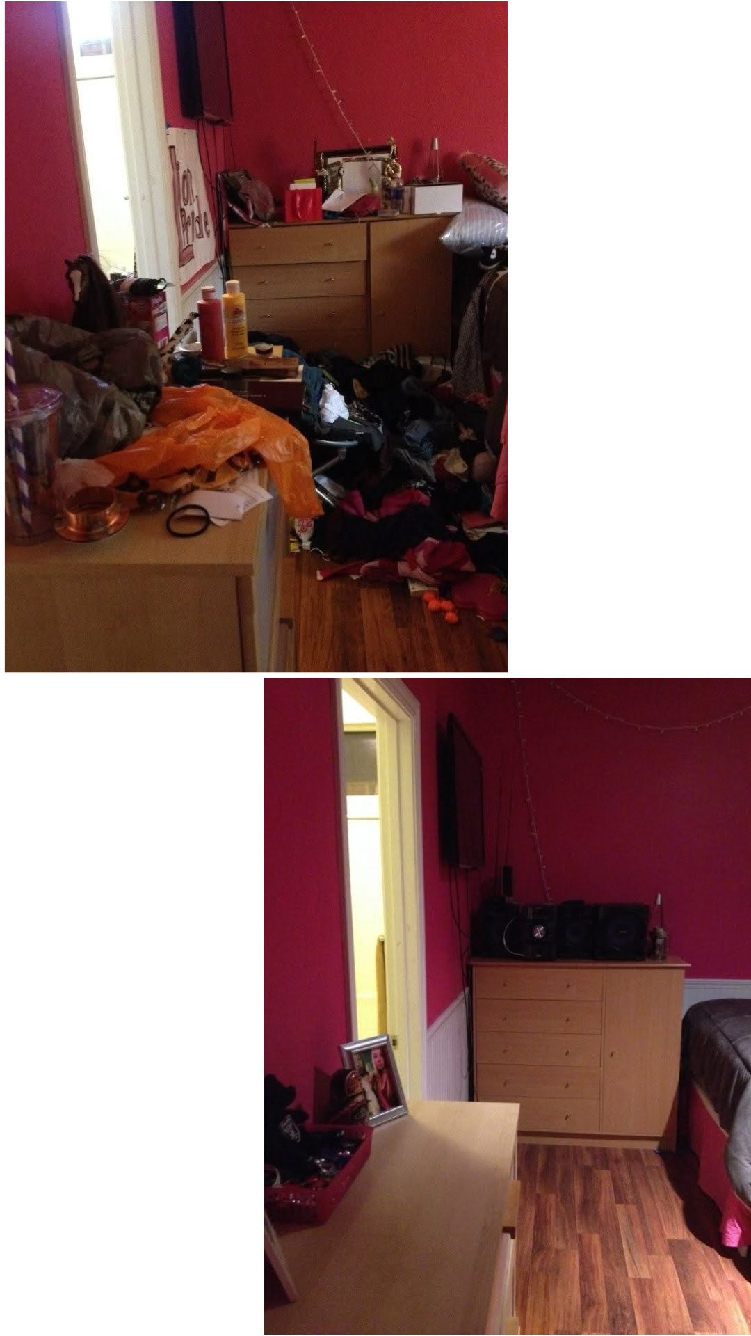 Bedroom with red walls before and after organizing by Bay Area Professional Organizer Kiera Rain, Walnut Creek CA