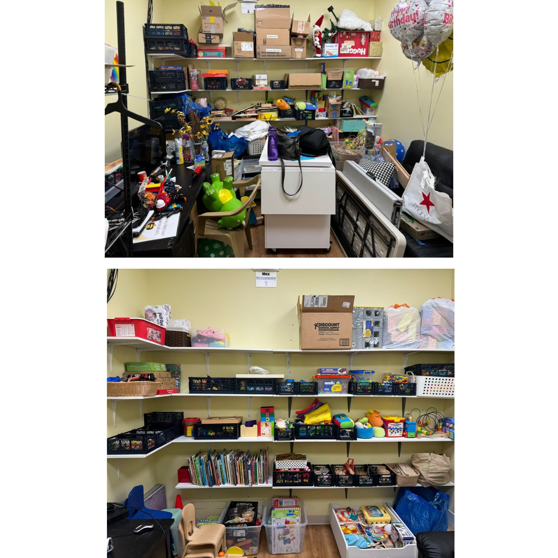 Storage room with toys and boxes decluttered before and after by Bay Area Professional Organizer Kiera Rain, Pleasant Hill CA