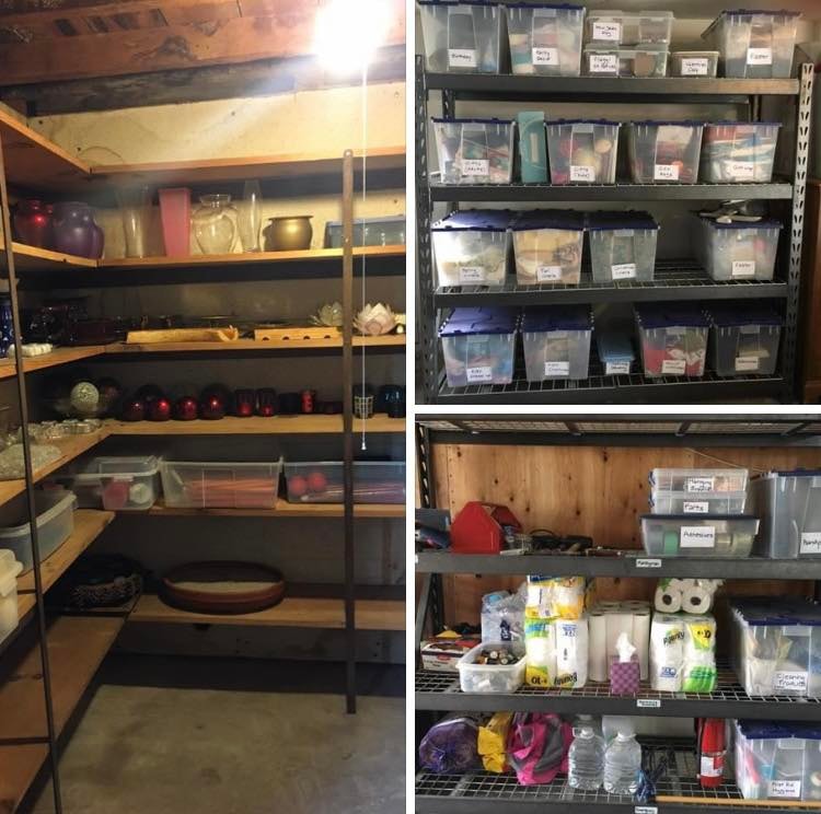 Storage shelves with labeled containers organized by Kiera Rain, professional home organizer serving Lafayette CA