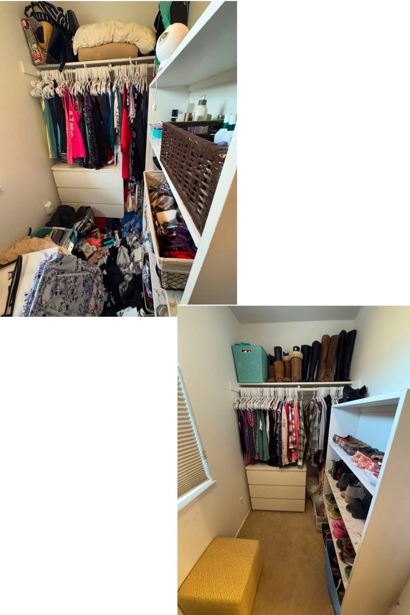 Closet transformation before and after by Kiera Rain, professional home organizer serving Walnut Creek and Contra Costa County