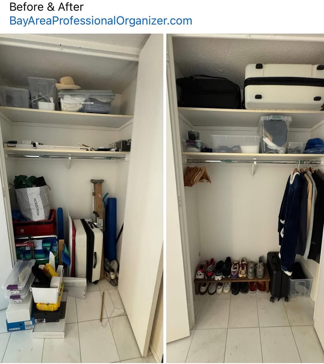 Move-in closet before and after organization by Bay Area Professional Organizer Kiera Rain, San Ramon CA
