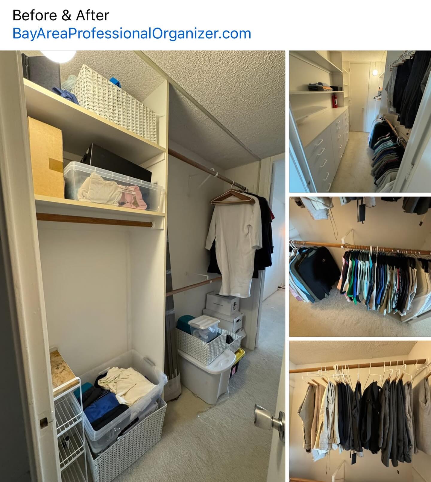 Clothes piled everywhere before and after closet organization by Bay Area Professional Organizer Kiera Rain, Brentwood CA