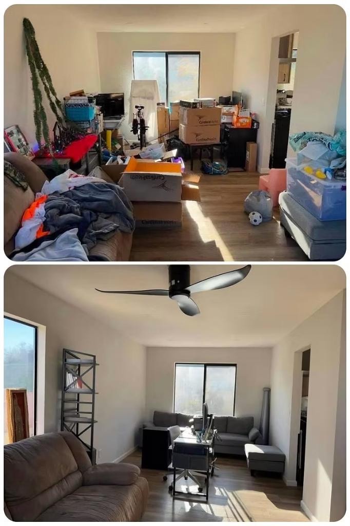 Living room before and after — move-in chaos to calm open space, Blackhawk CA