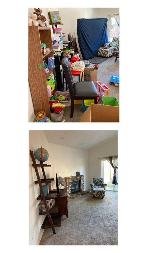 Living room before and after professional organizing by Kiera Rain, Bay Area Professional Organizer, Alamo CA